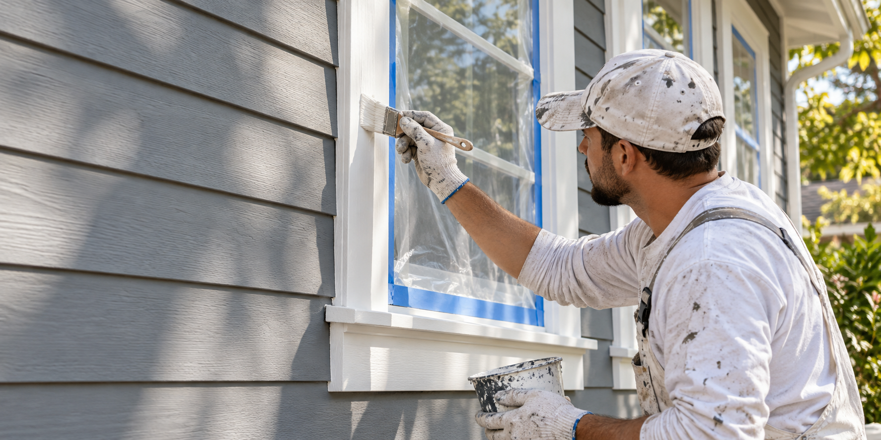 Painter brushing exterior window trim with masked glass